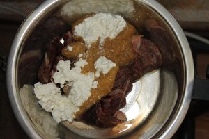 Muskelfleisch mit Obst (Apfel, Banane, Mango, Zitrone), Kokosraspeln und Hüttenkäse2.JPG