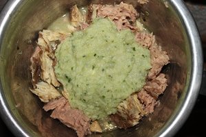 Thunfisch und Sardinen mit Salat (Eisbergsalat, Blumenkohl, Zucchini, Schnittlauch, Petersilie, .JPG